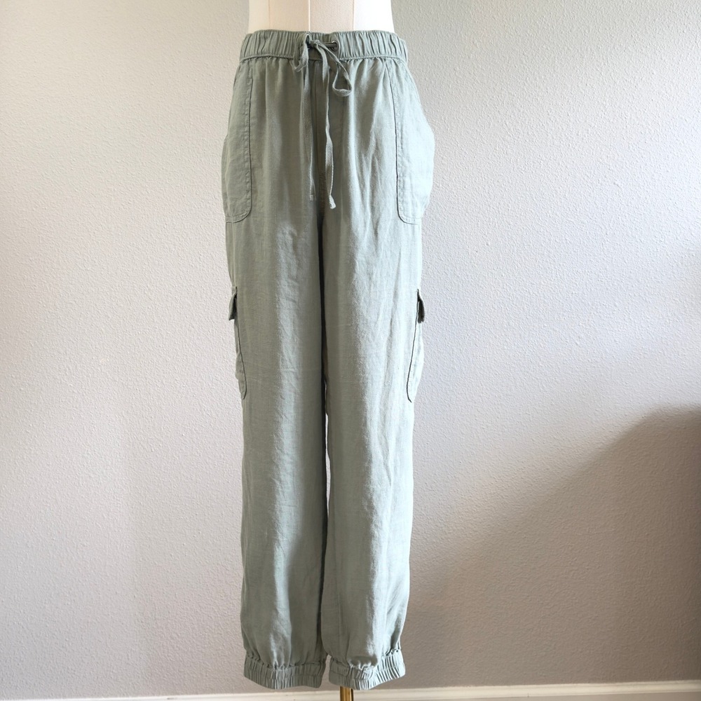 Nicole Miller 100% Linen Cargo Pants Sage Green Breathable Joggers Womens Large - Picture 2 of 9
